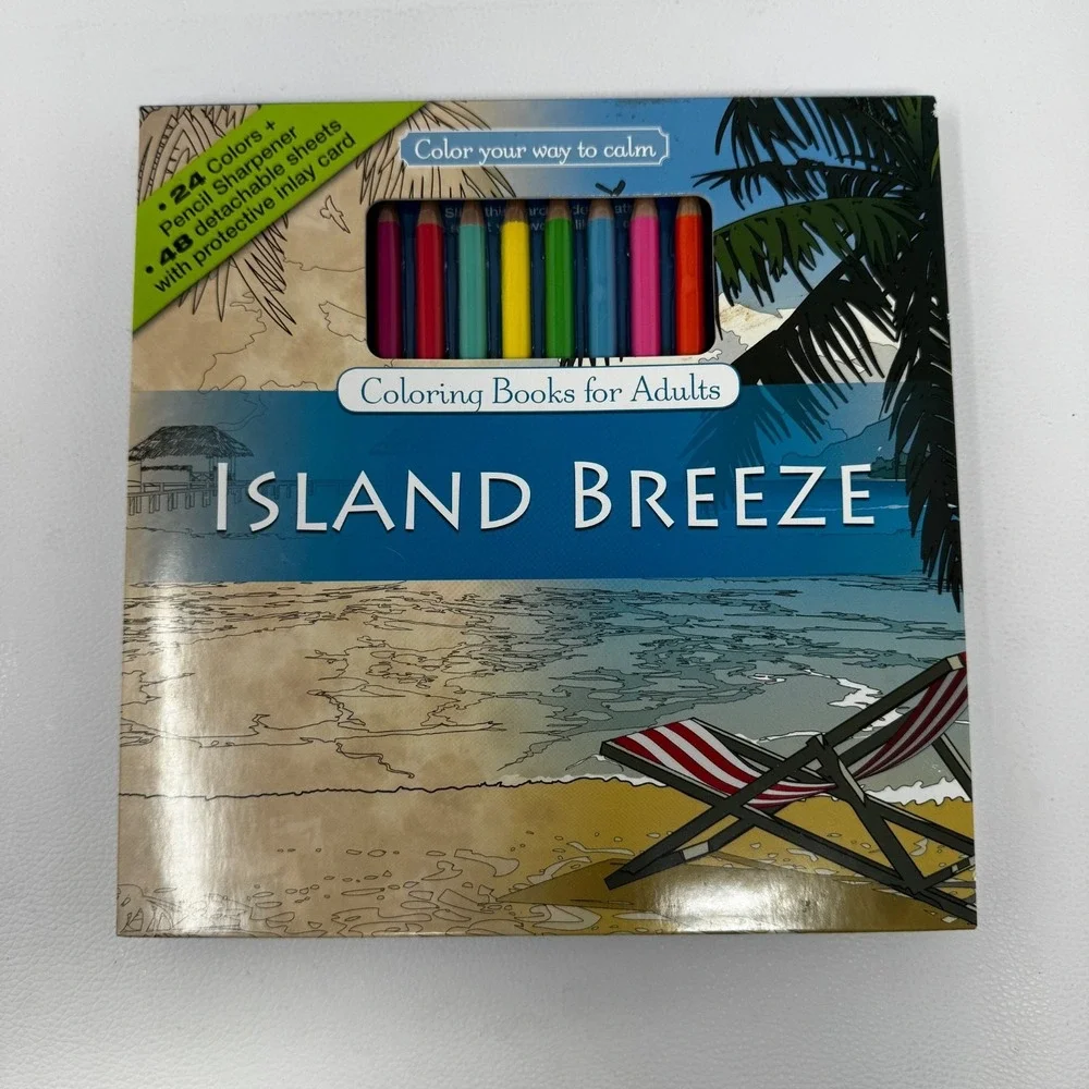 Island Breeze Adult Coloring Book w/24 Color Pencils Sharpener Detachable Sheets